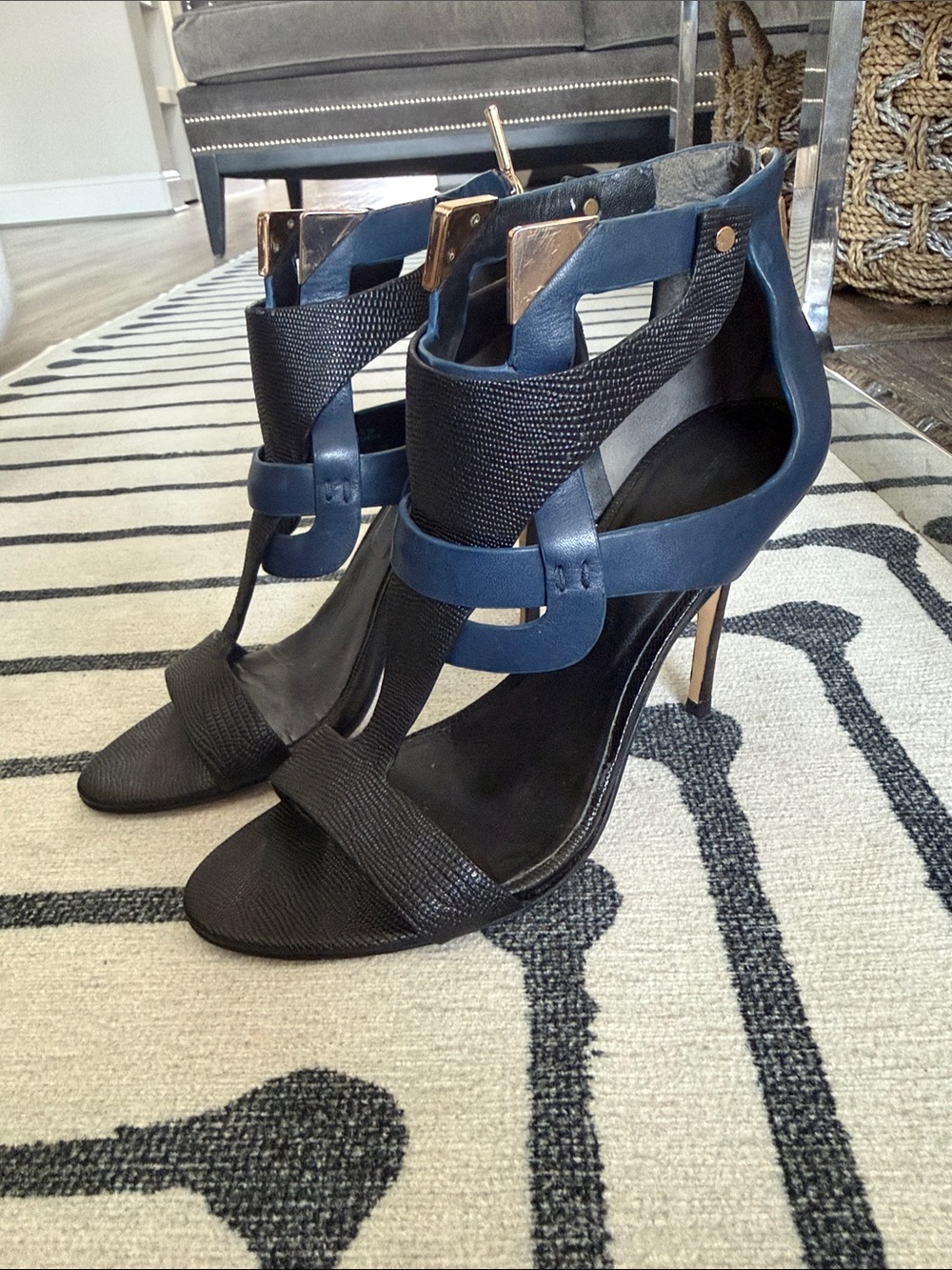 Rachel Roy Women's Black and Navy leather Strappy High Heel Sandals